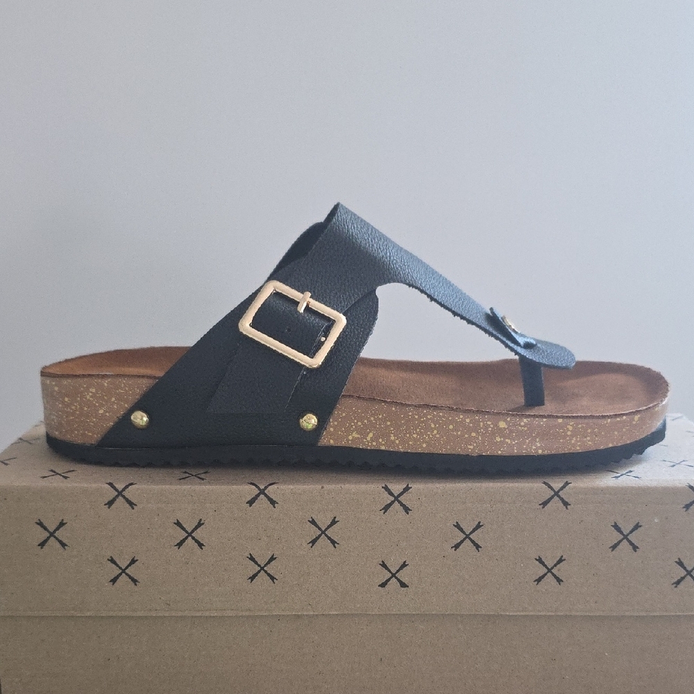 Comfortable Black and Brown Sandals with Cork Footbed
